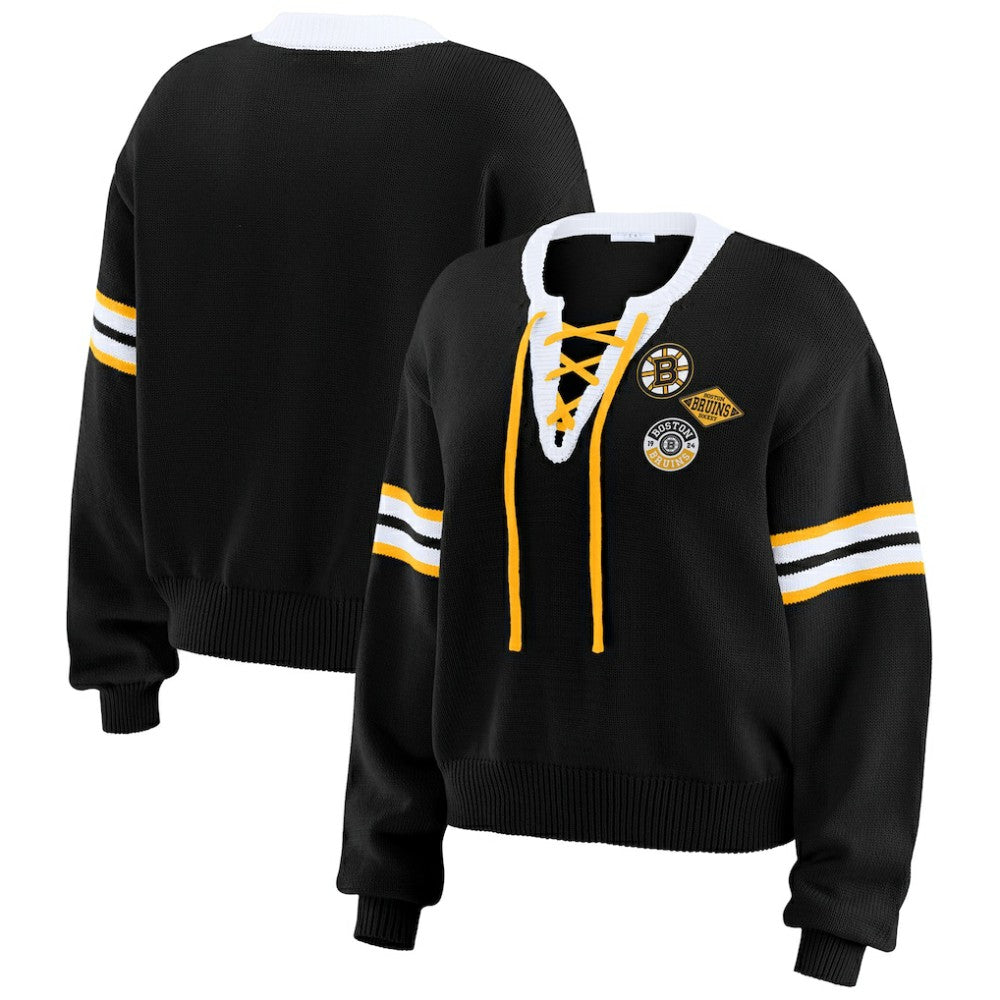 Boston Bruins WEAR by Erin Andrews Women's Cropped Lace-Up Sweater - Black - NHL 201429723