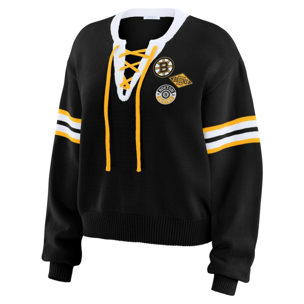 Boston Bruins WEAR by Erin Andrews Women's Cropped Lace-Up Sweater - Black - NHL 201429723