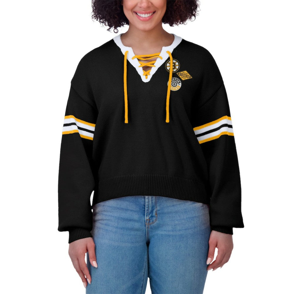 Boston Bruins WEAR by Erin Andrews Women's Cropped Lace-Up Sweater - Black - NHL 201429723