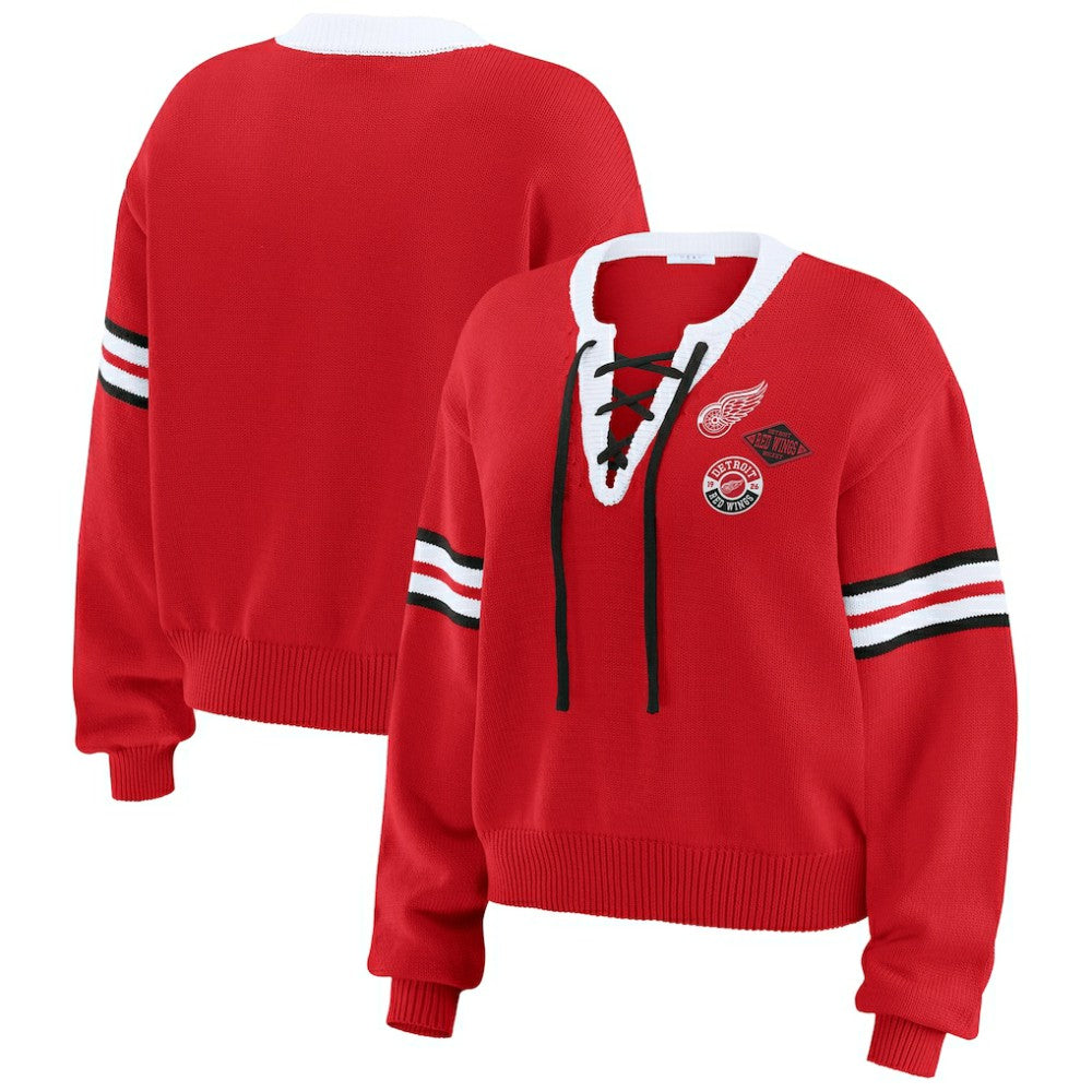 Detroit Red Wings WEAR by Erin Andrews Women's Cropped Lace-Up Sweater - Red - NHL 201429725