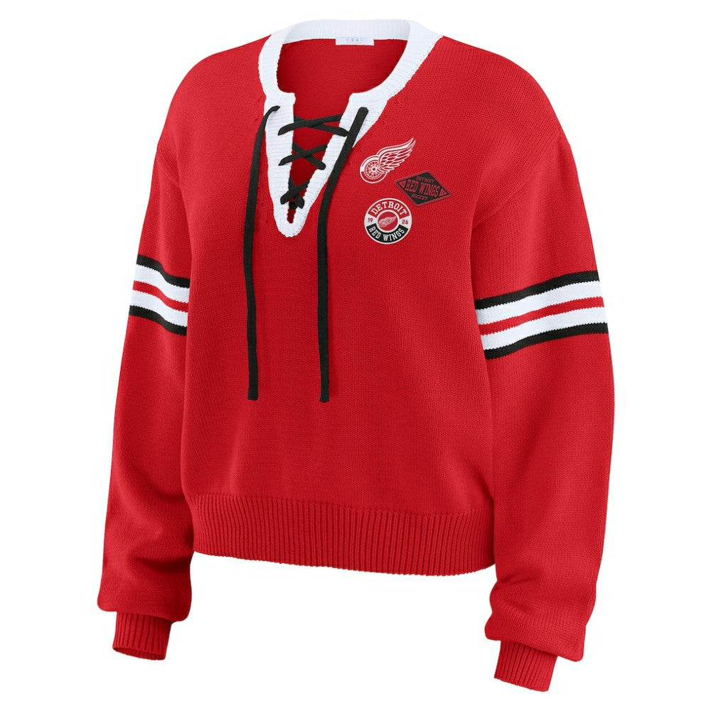 Detroit Red Wings WEAR by Erin Andrews Women's Cropped Lace-Up Sweater - Red - NHL 201429725