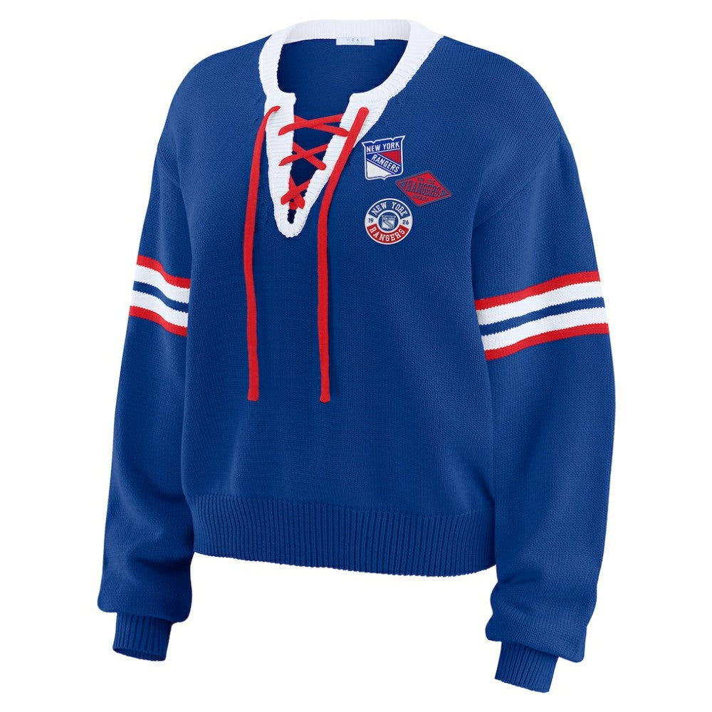New York Rangers WEAR by Erin Andrews Women's Cropped Lace-Up Sweater - Blue - NHL 201429726