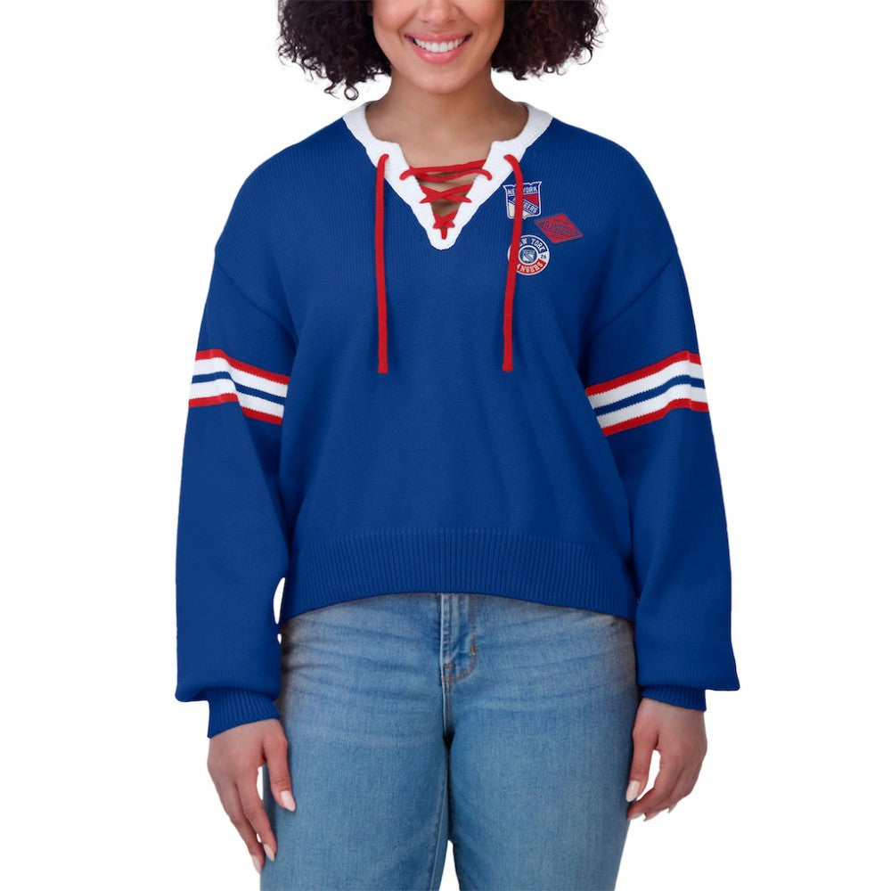 New York Rangers WEAR by Erin Andrews Women's Cropped Lace-Up Sweater - Blue - NHL 201429726