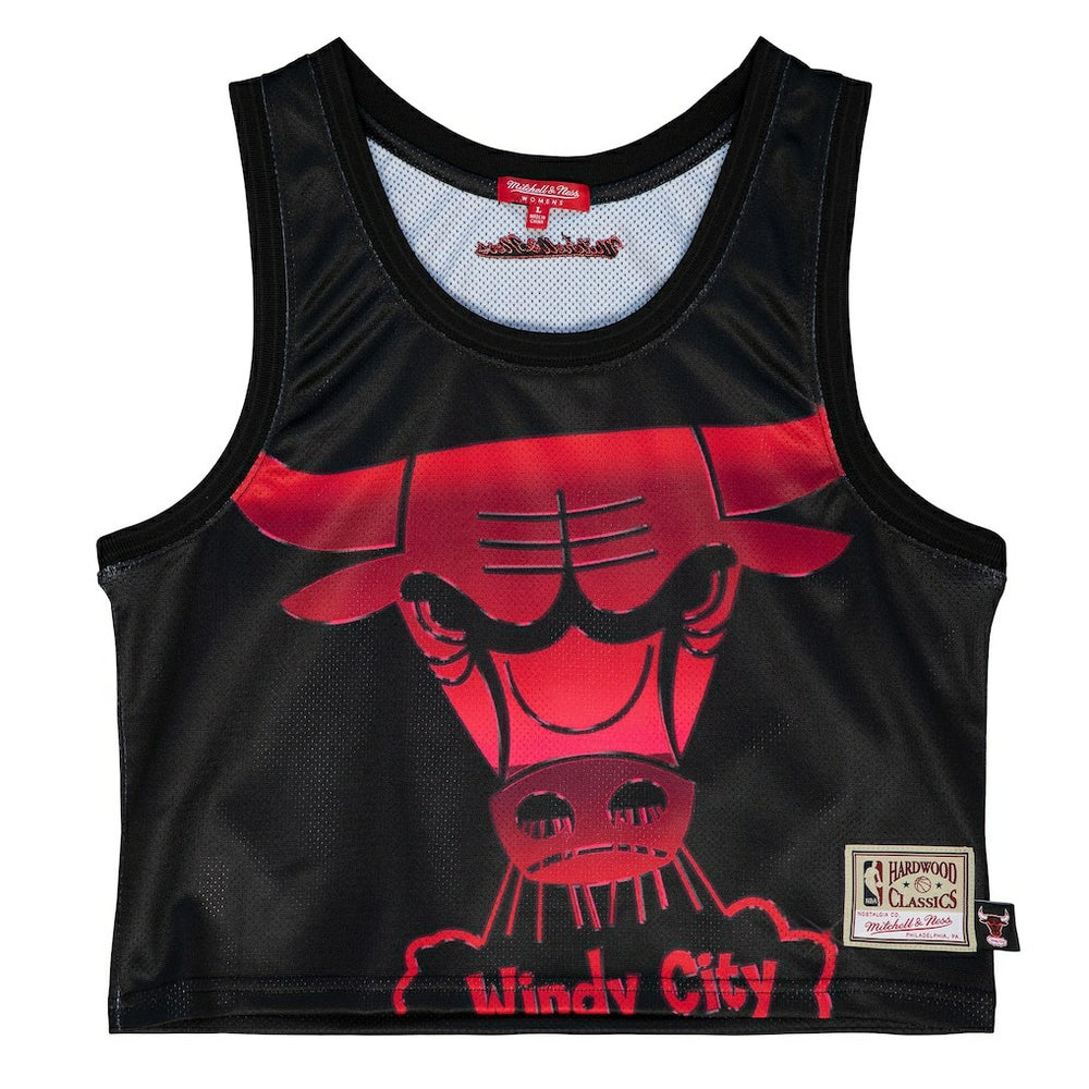 Chicago Bulls Women's Hardwood Classics Big Face 4.0 Cropped Tank Top for sale Black | Mitchell & Ness