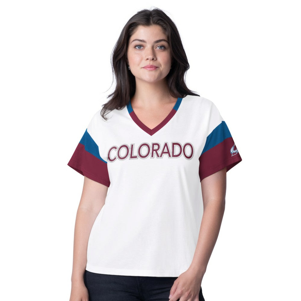 Colorado Avalanche G-III 4Her by Carl Banks Women's Rink Oversized Rhinestone V-Neck T-Shirt - White - NHL 201432655