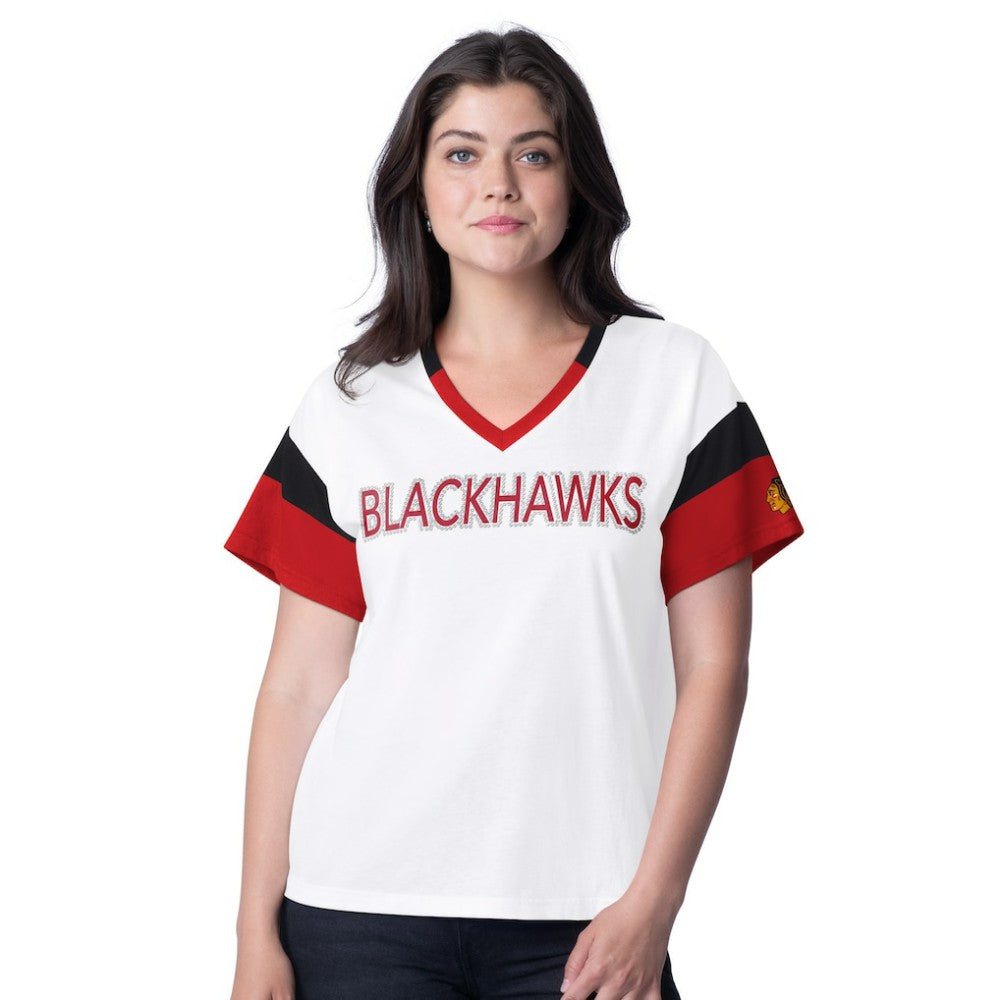 Chicago Blackhawks G-III 4Her by Carl Banks Women's Rink Oversized Rhinestone V-Neck T-Shirt - White - NHL 201432656