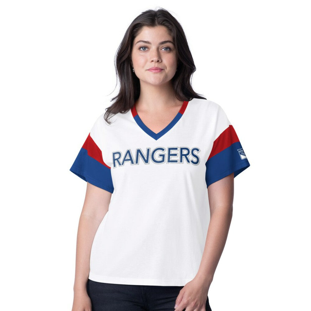 New York Rangers G-III 4Her by Carl Banks Women's Rink Oversized Rhinestone V-Neck T-Shirt - White - NHL 201432660