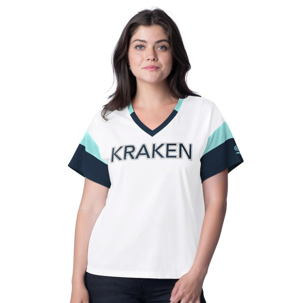 Seattle Kraken G-III 4Her by Carl Banks Women's Rink Oversized Rhinestone V-Neck T-Shirt - White - NHL 201432662