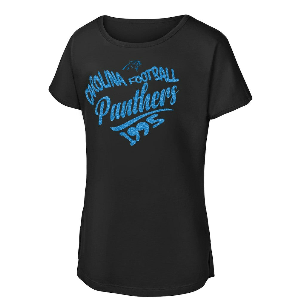 Carolina Panthers Girls Youth Script Heart Dolman T-Shirt Black