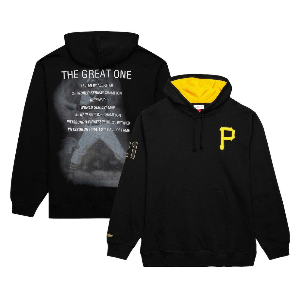 Roberto Clemente Pittsburgh Pirates Mitchell & Ness Vintage Logo Name & Number Pullover Hoodie - Black - Mitchell & Ness Online
