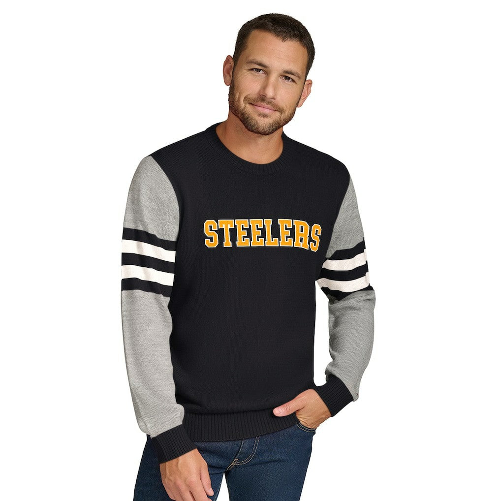 Pittsburgh Steelers Tommy Hilfiger Acrylic Crewneck Pullover Sweater Black/Heather Gray