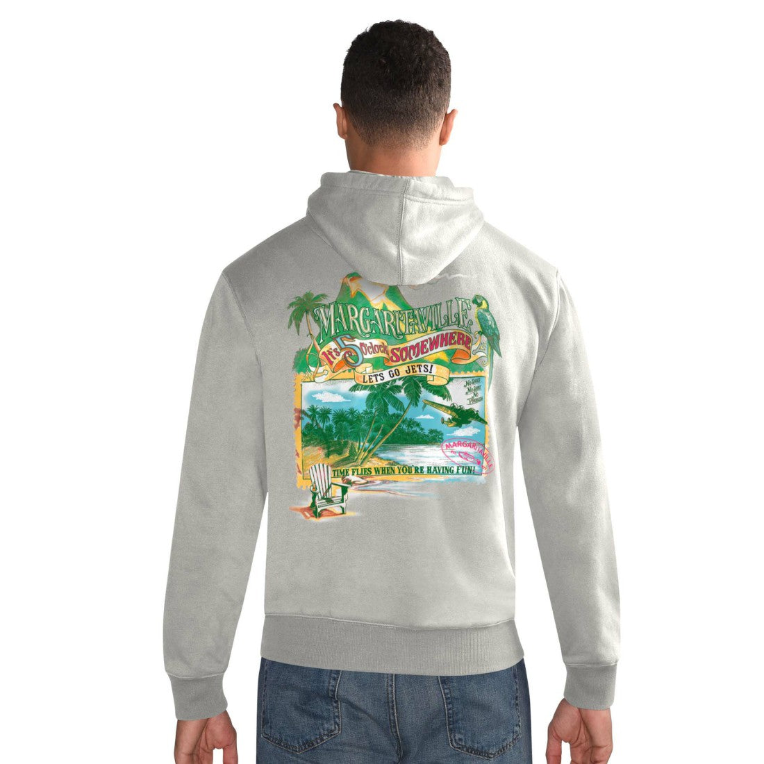 New York Jets Margaritaville Time Flies Garment Dyed Pullover Hoodie Gray