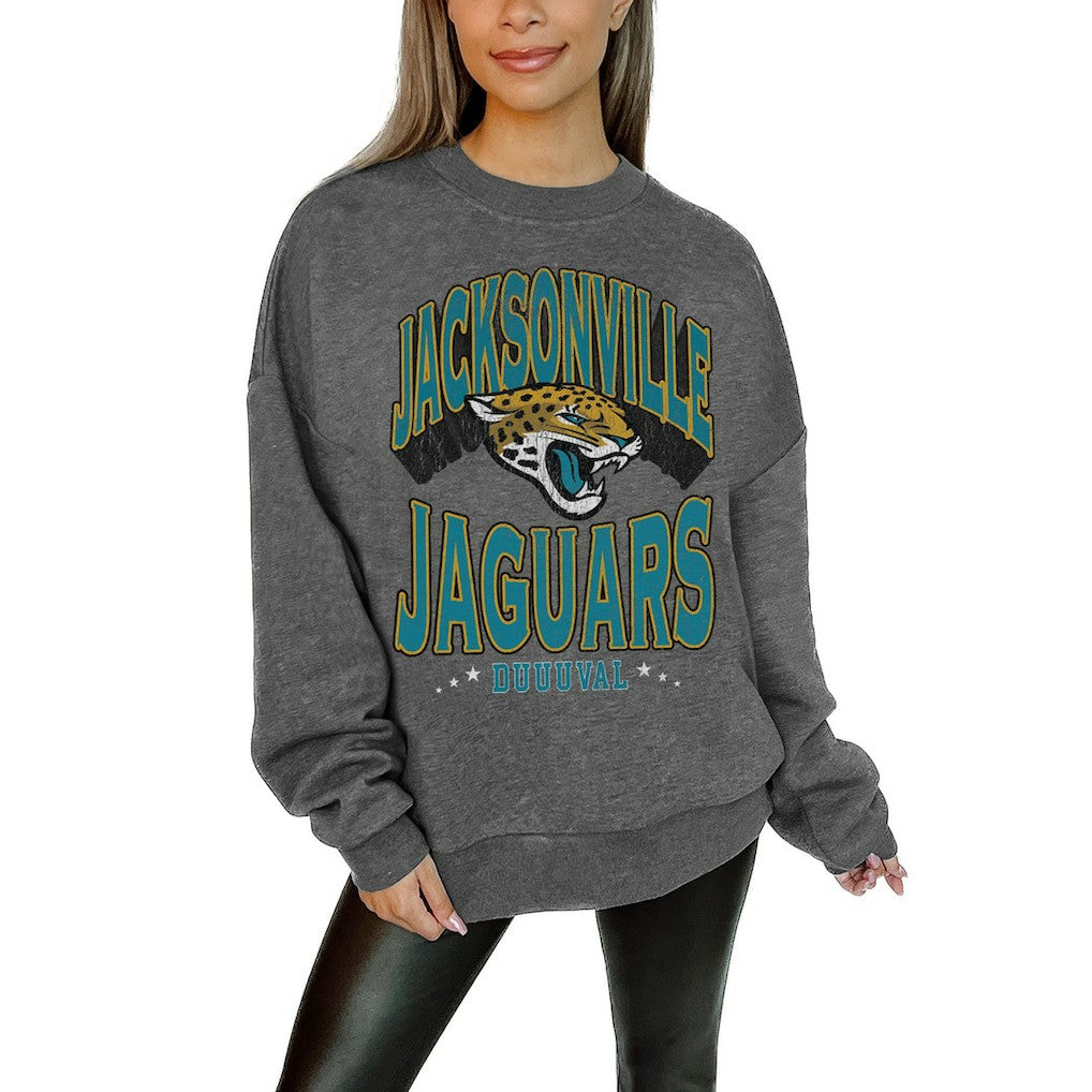 Jacksonville Jaguars Gameday Couture Women's Oversized Long Weekend Premium Fleece Drop Shoulder Pullover Sweatshirt Charcoal