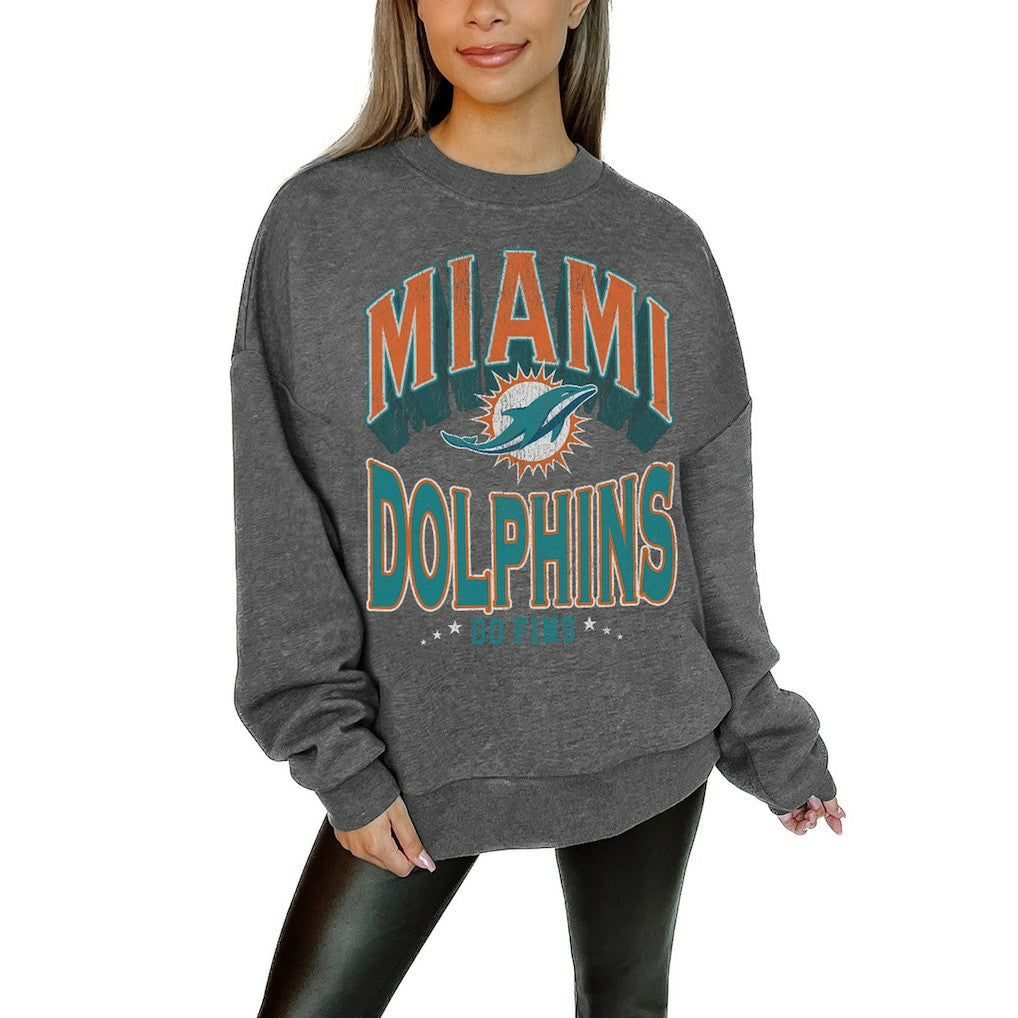 Miami Dolphins Gameday Couture Women's Oversized Long Weekend Premium Fleece Drop Shoulder Pullover Sweatshirt Charcoal