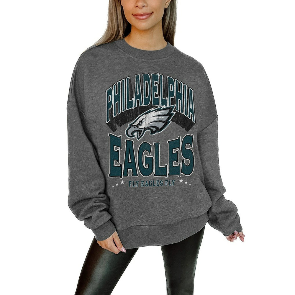 Philadelphia Eagles Gameday Couture Women's Oversized Long Weekend Premium Fleece Drop Shoulder Pullover Sweatshirt Charcoal