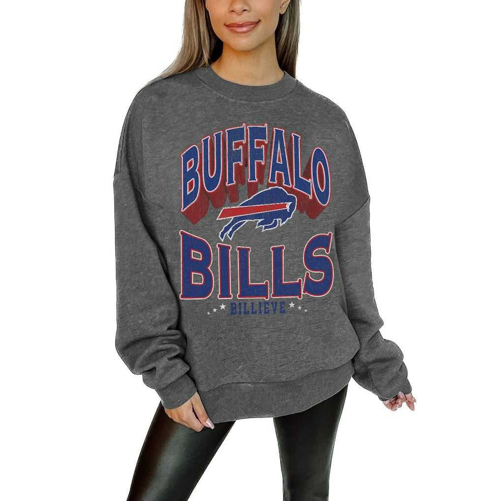 Buffalo Bills Gameday Couture Women's Oversized Long Weekend Premium Fleece Drop Shoulder Pullover Sweatshirt Charcoal
