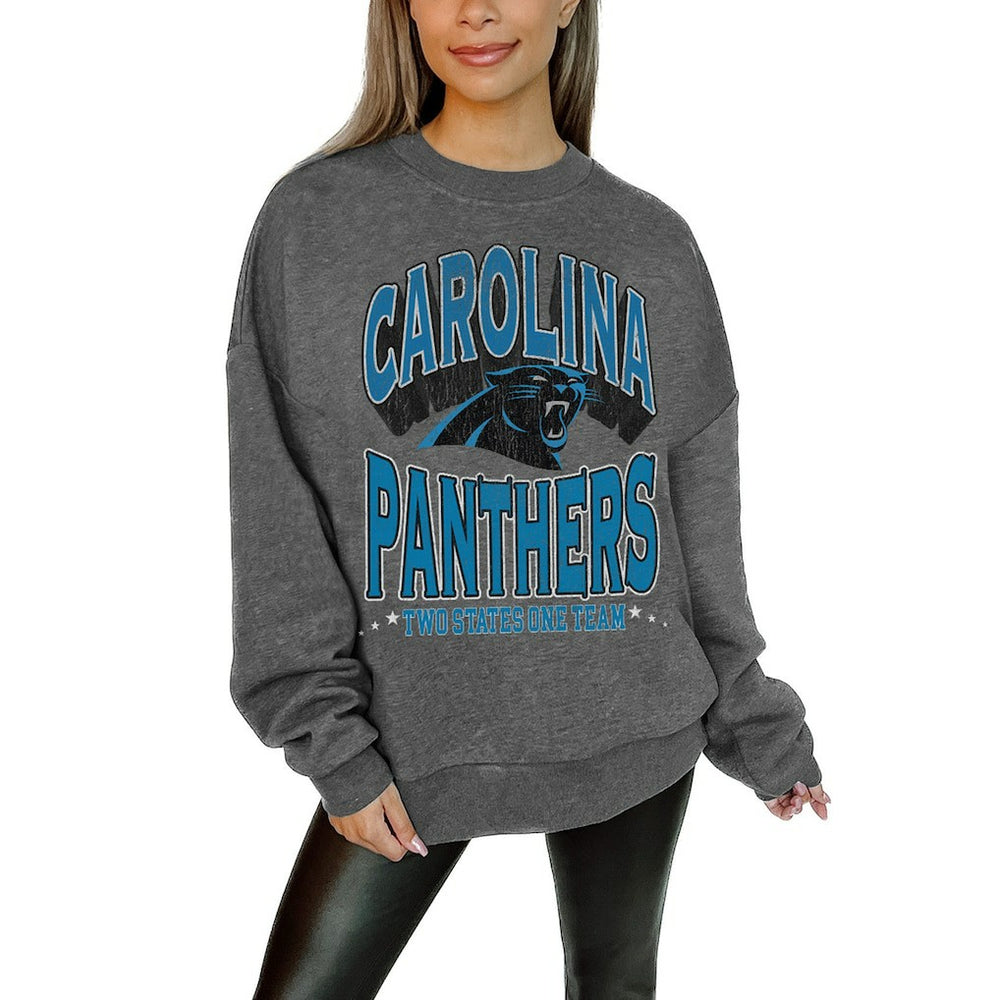 Carolina Panthers Gameday Couture Women's Oversized Long Weekend Premium Fleece Drop Shoulder Pullover Sweatshirt Charcoal