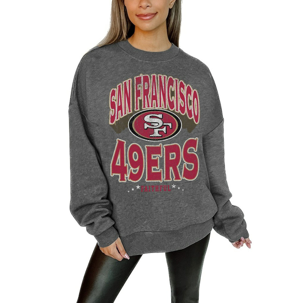 San Francisco 49ers Gameday Couture Women's Oversized Long Weekend Premium Fleece Drop Shoulder Pullover Sweatshirt Charcoal