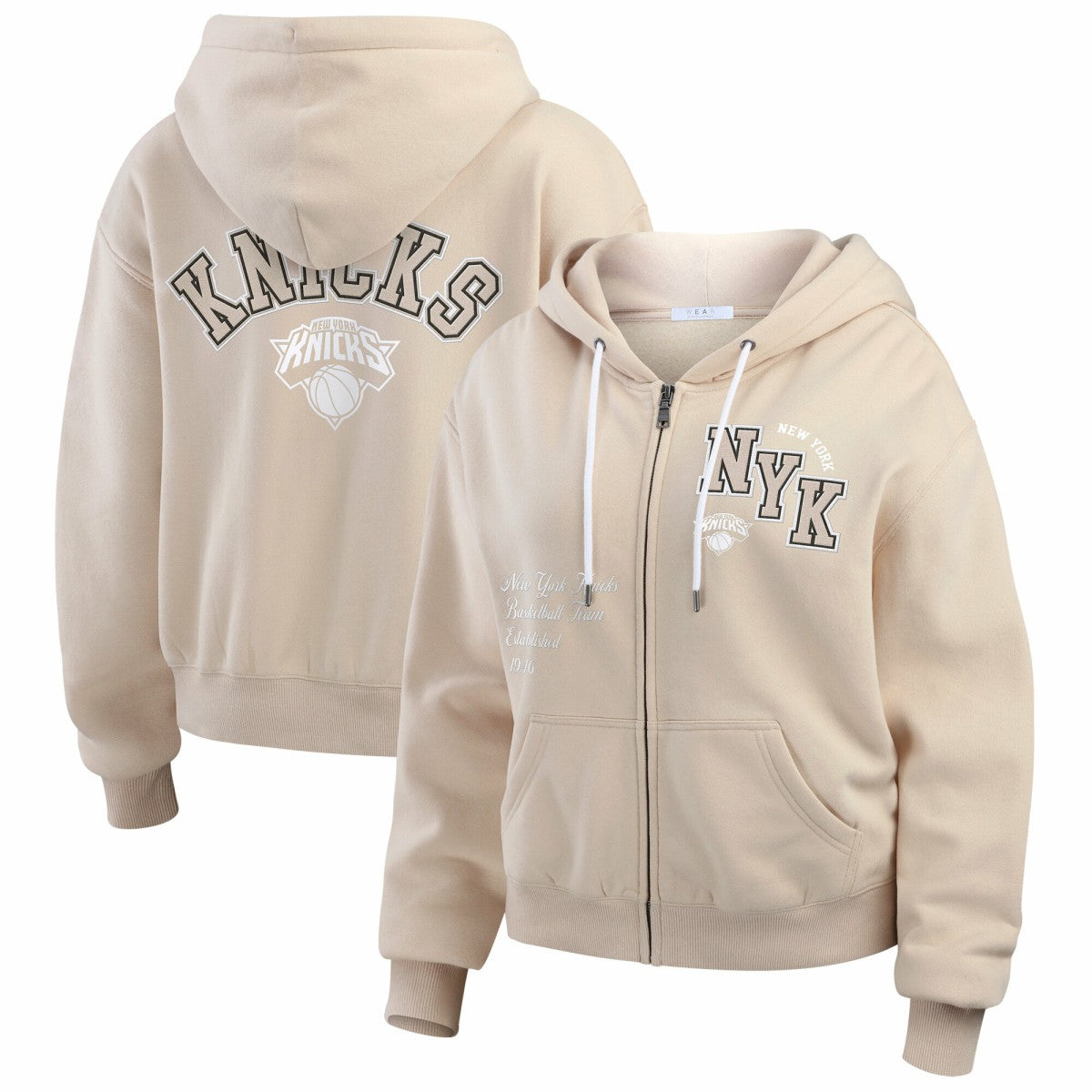 New York Knicks WEAR by Erin Andrews Women's Plus Size Tonal Felt Patch Full-Zip Hoodie Cream