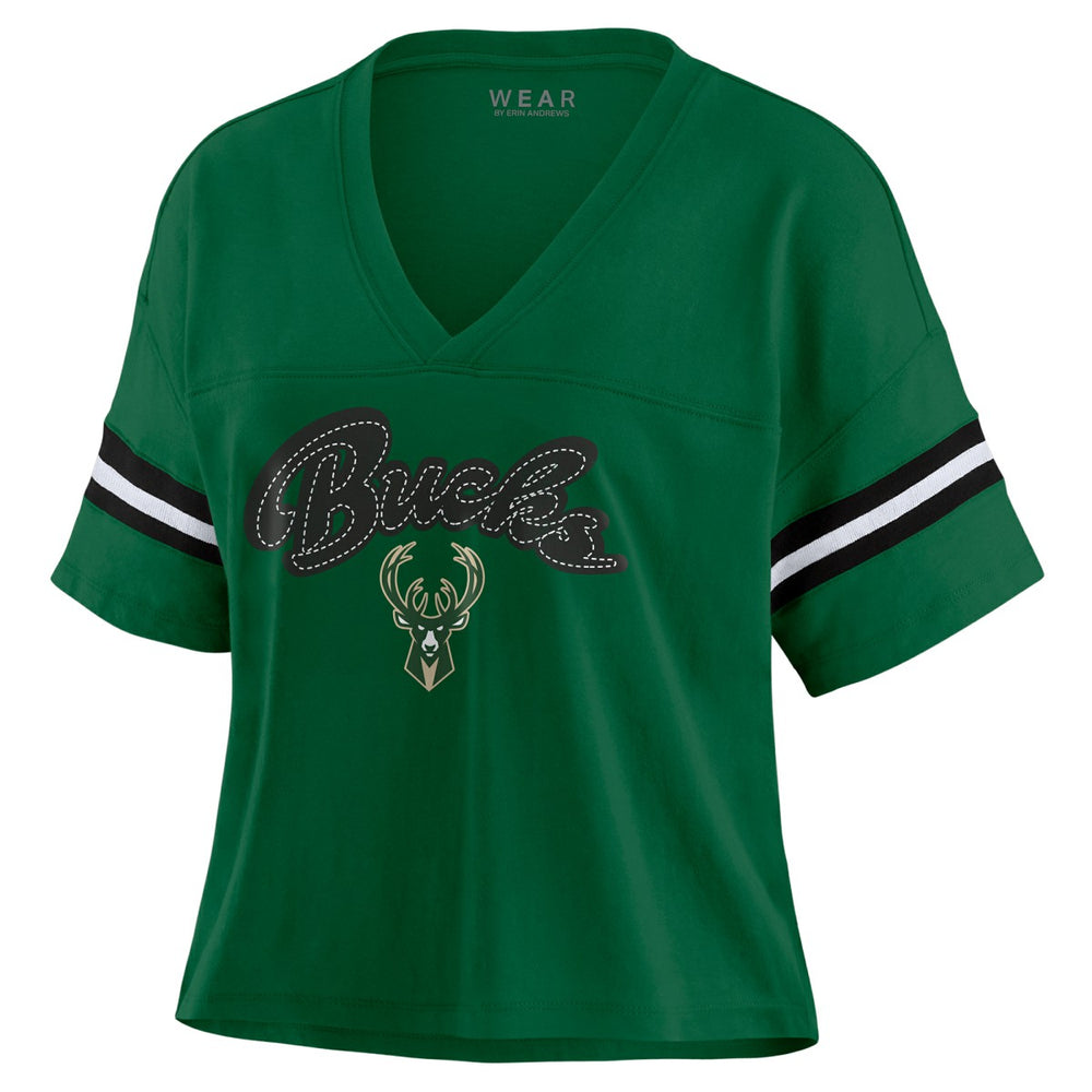 Milwaukee Bucks WEAR by Erin Andrews Women's Color Block Boxy V-Neck T-Shirt Hunter Green