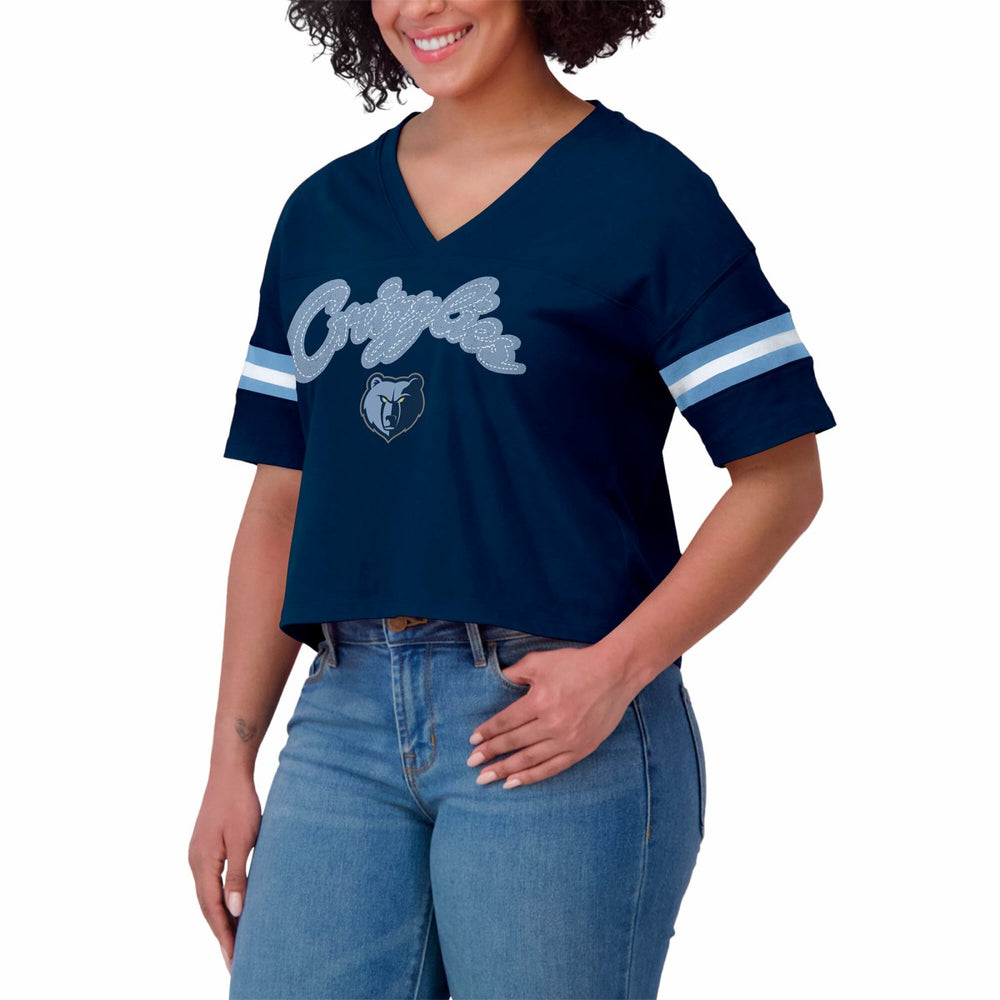 Memphis Grizzlies WEAR by Erin Andrews Women's Plus Size Color Block Boxy V-Neck T-Shirt Navy