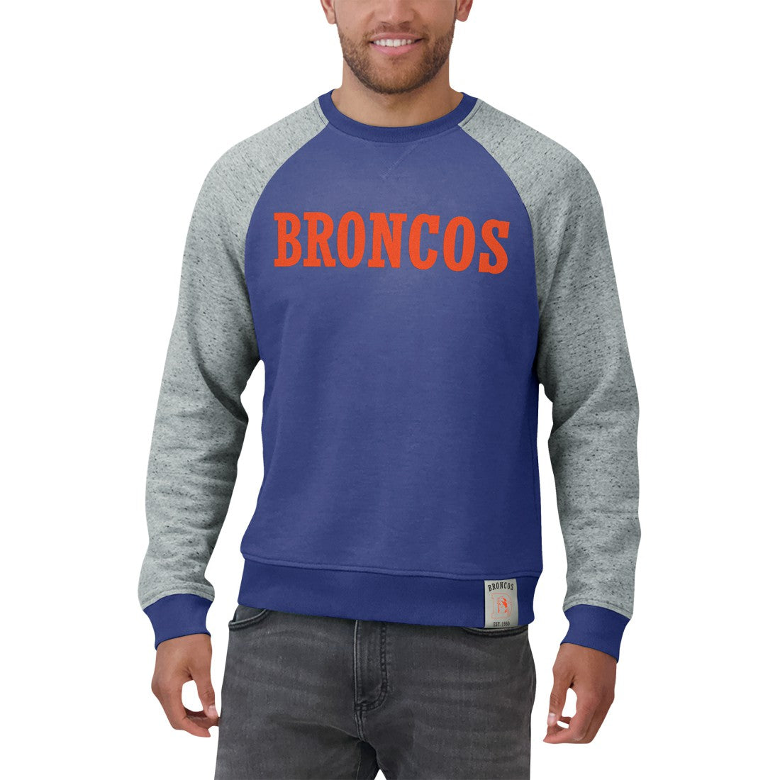 Fanatics Denver Broncos Darius Rucker Collection Throwback Color Block Raglan Pullover Sweatshirt Royal/Heather Gray
