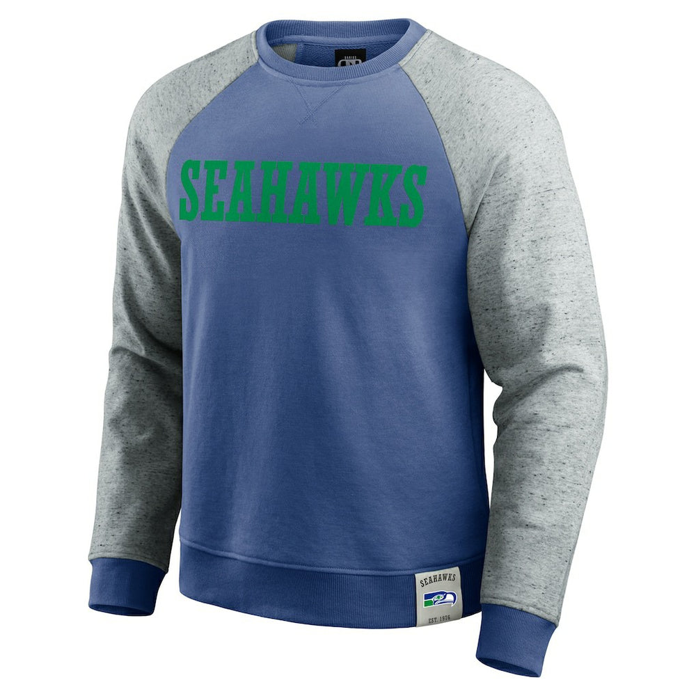 Fanatics Seattle Seahawks Darius Rucker Collection Throwback Color Block Raglan Pullover Sweatshirt Royal/Heather Gray