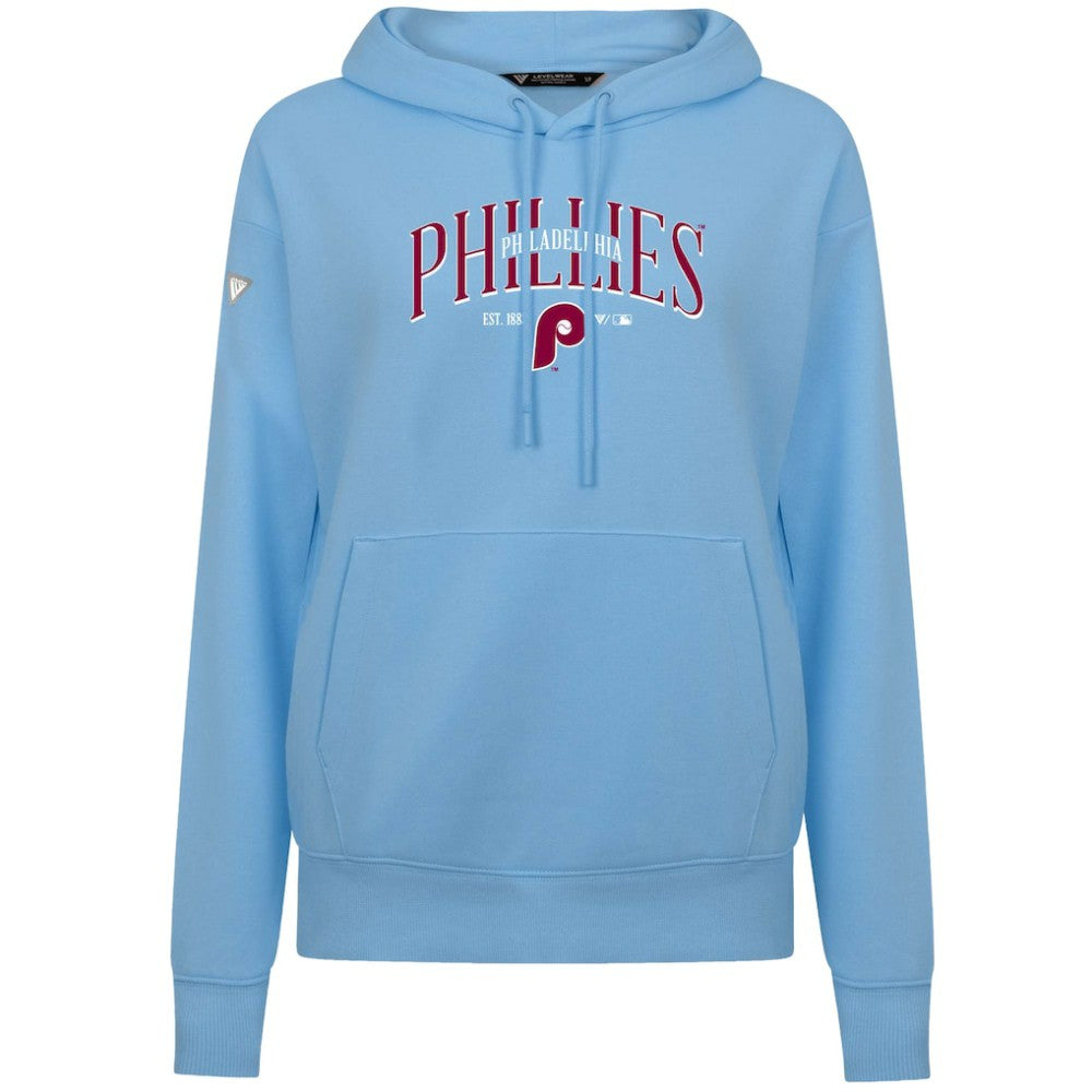 Philadelphia Phillies Levelwear Women's Adorn Cooperstown Collection Retro Spellout Pullover Hoodie - Blue - MLB on Sale