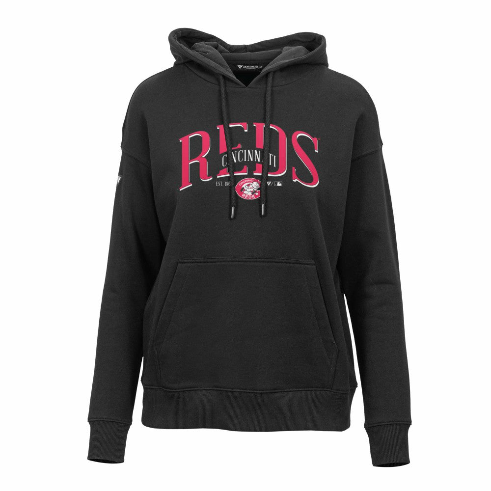 Cincinnati Reds Levelwear Women's Adorn Cooperstown Collection Retro Spellout Pullover Hoodie - Black - MLB Online