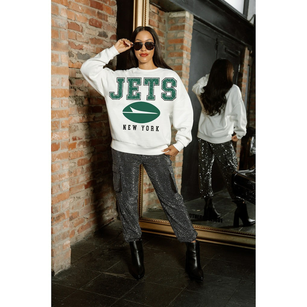 New York Jets Gameday Couture Women's Sunday Drives Oversized Crewneck Pullover Sweatshirt White