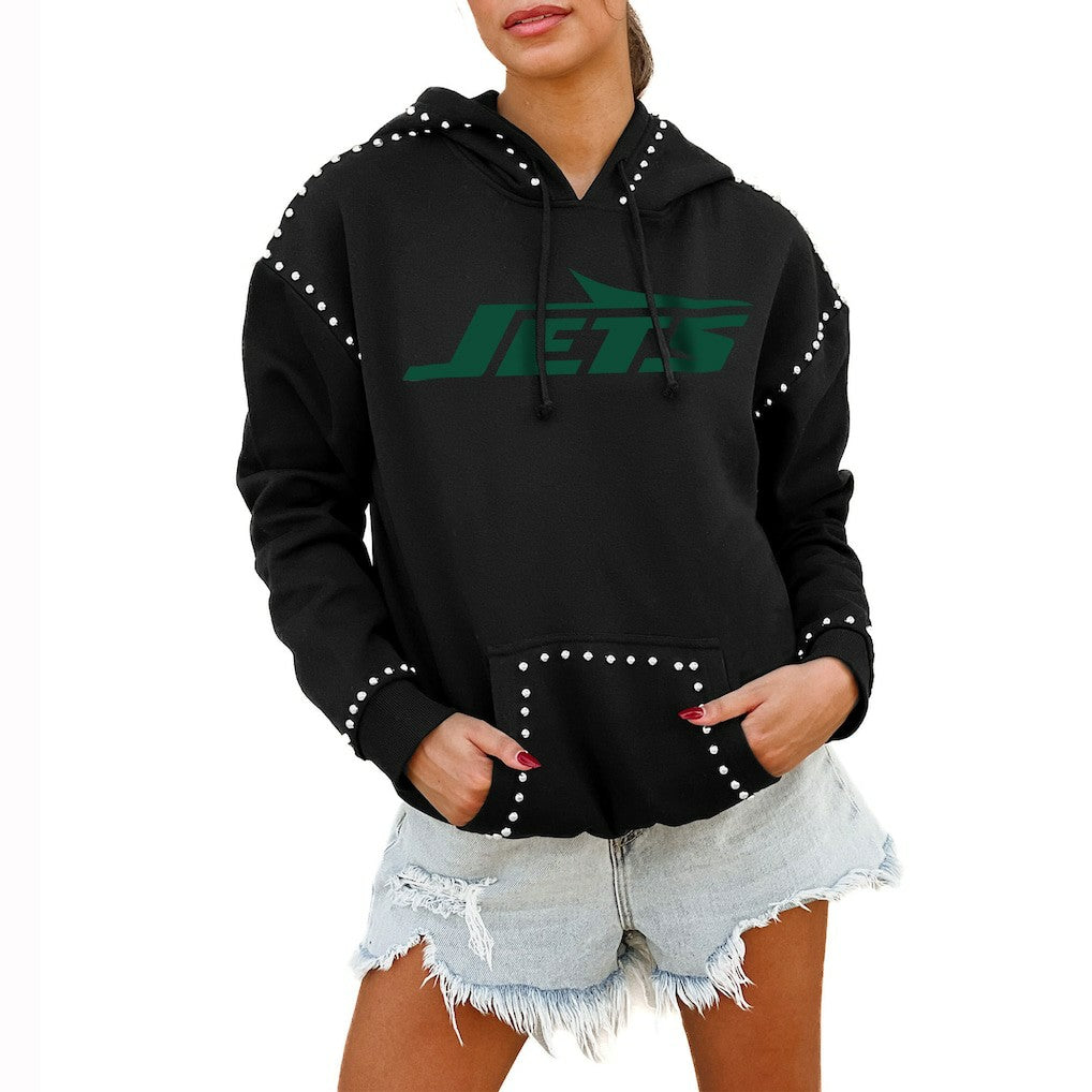 New York Jets Gameday Couture Women's Oversized Catch the Vibe Studded Pullover Hoodie Black