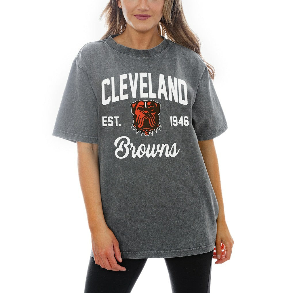 Cleveland Browns Gameday Couture Women's Titan Tackle Relaxed Fit Washed T-Shirt Gray