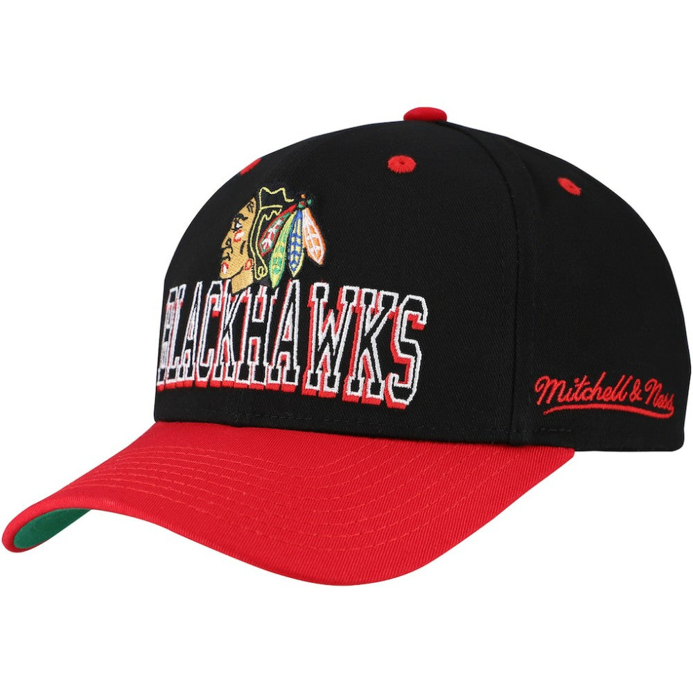 Chicago Blackhawks Mitchell & Ness Backside Script Two-Tone Pro Crown Adjustable Hat - Black/Red - NHL 201546278