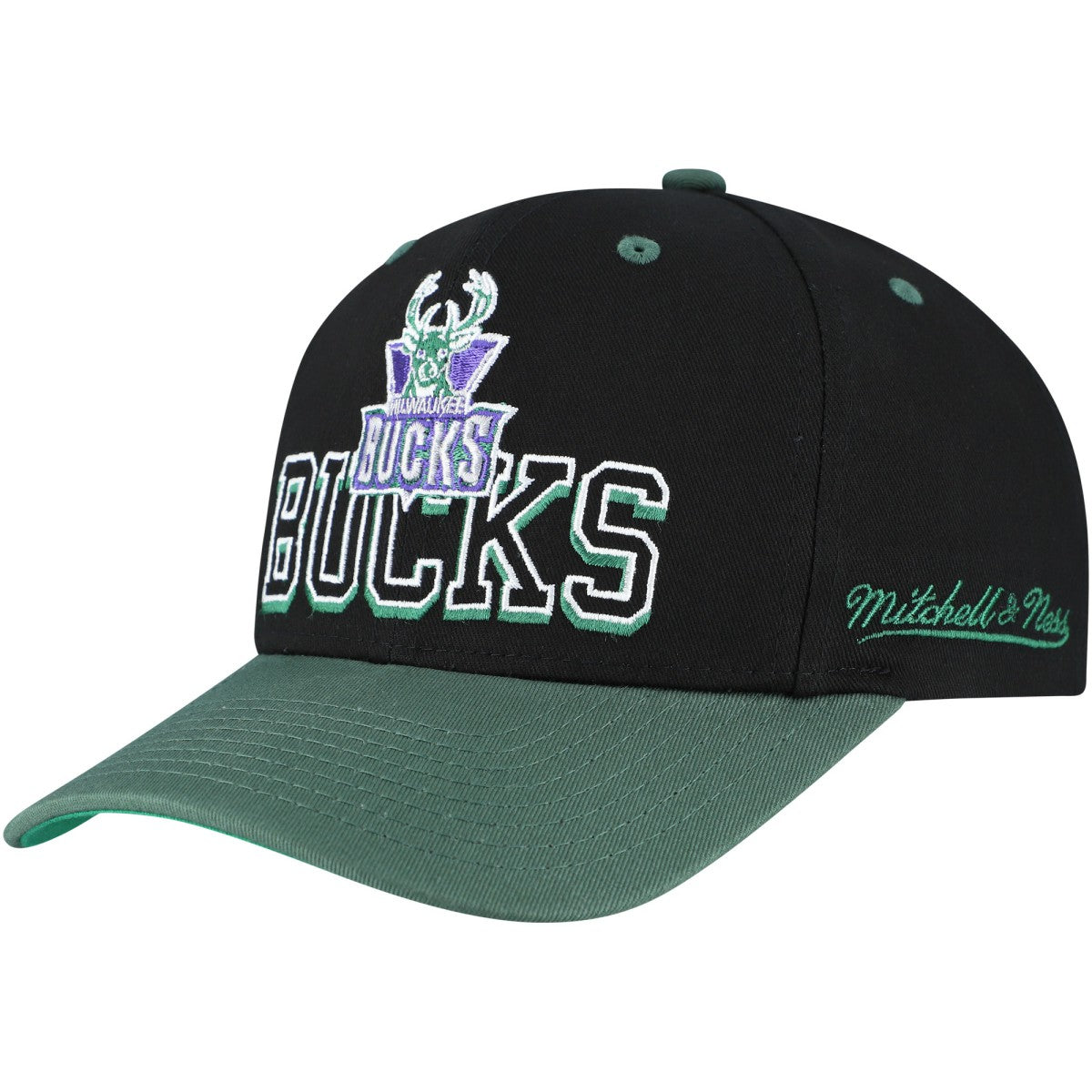 Milwaukee Bucks Backside Script Two-Tone Pro Crown Adjustable Hat Black/Hunter Green | Mitchell & Ness US