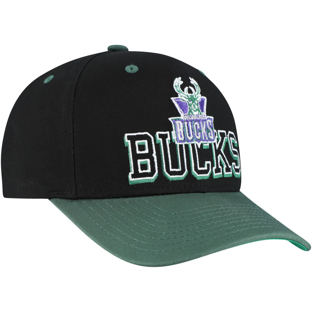 Milwaukee Bucks Backside Script Two-Tone Pro Crown Adjustable Hat Black/Hunter Green | Mitchell & Ness US