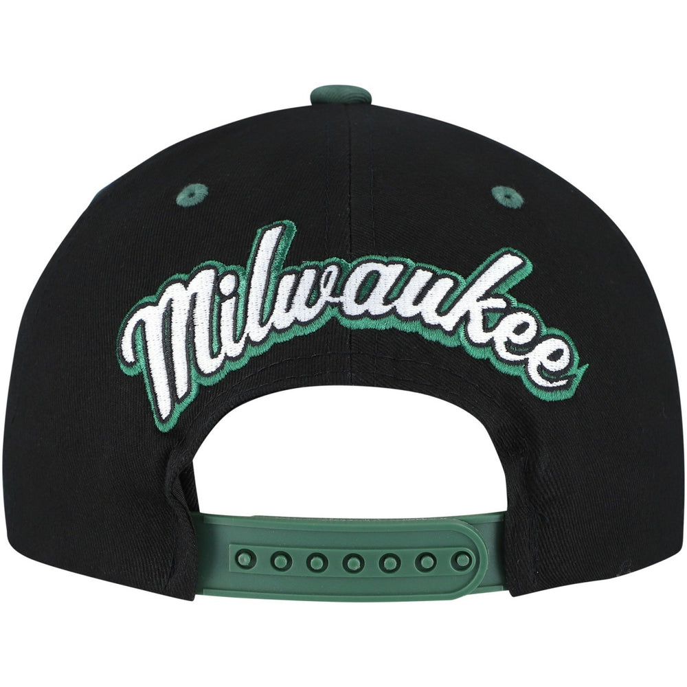 Milwaukee Bucks Backside Script Two-Tone Pro Crown Adjustable Hat Black/Hunter Green | Mitchell & Ness US