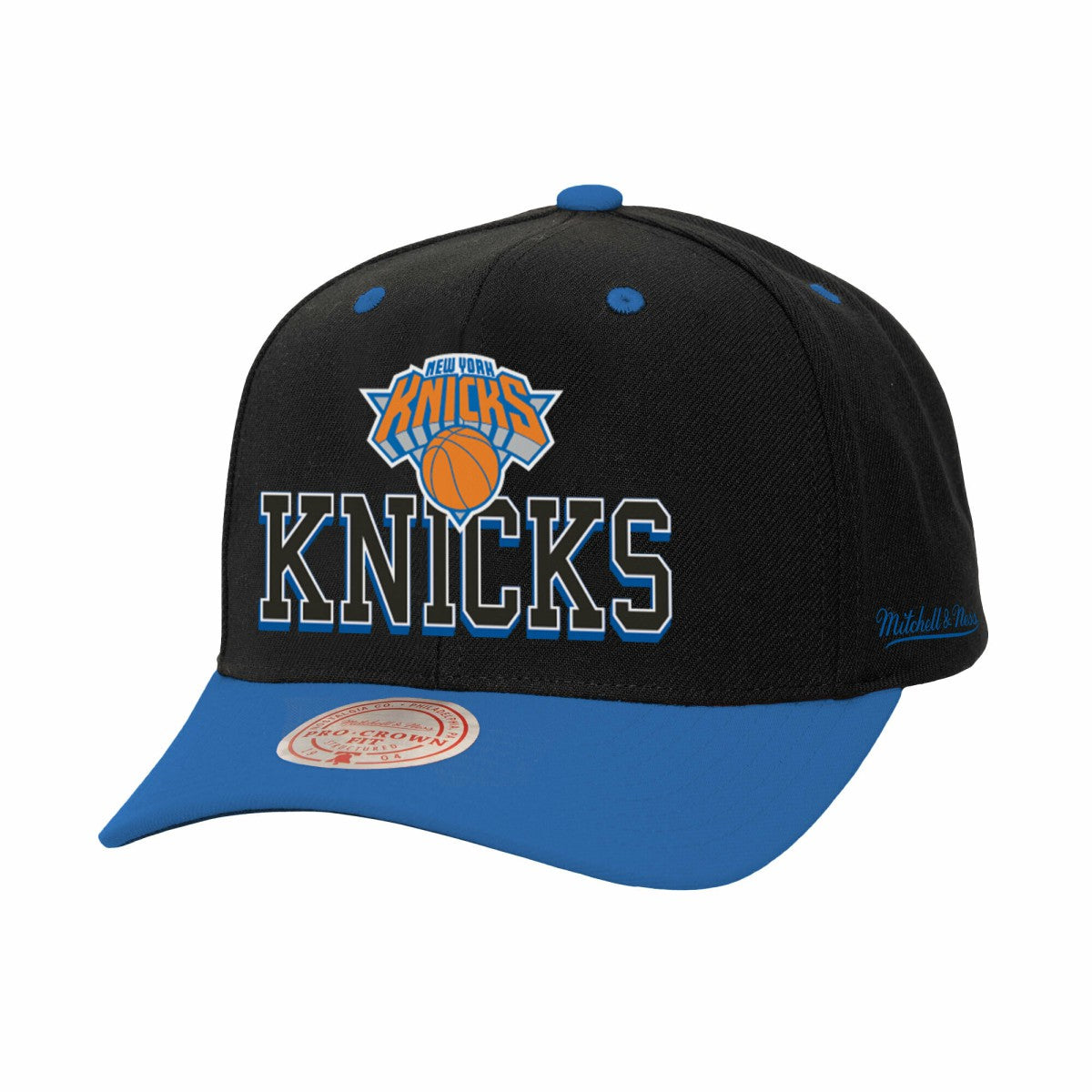 New York Knicks Backside Script 2-Tone Pro Crown Adjustable Hat Black/Blue | Mitchell & Ness Lifestyle