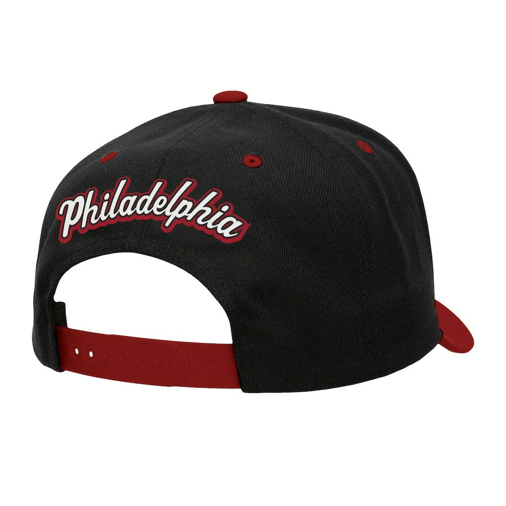 Philadelphia 76ers Backside Script 2-Tone Pro Crown Adjustable Hat Black/Red | Mitchell & Ness discount