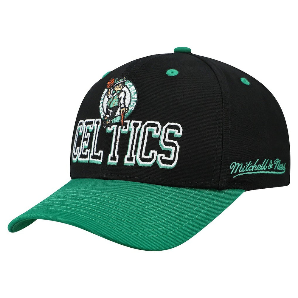 Boston Celtics Backside Script 2-Tone Pro Crown Adjustable Hat Black/Kelly Green | Mitchell & Ness US