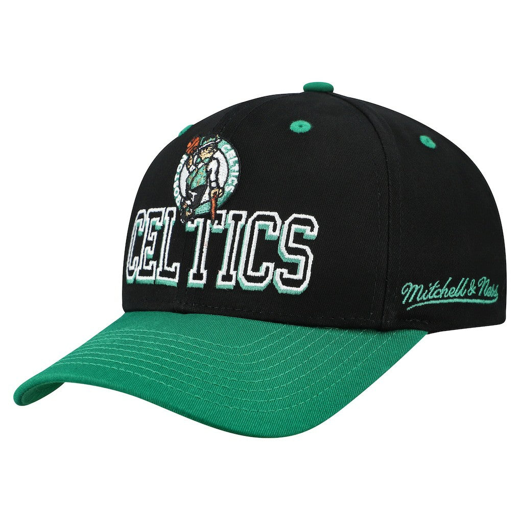Boston Celtics Backside Script 2-Tone Pro Crown Adjustable Hat Black/Kelly Green | Mitchell & Ness US