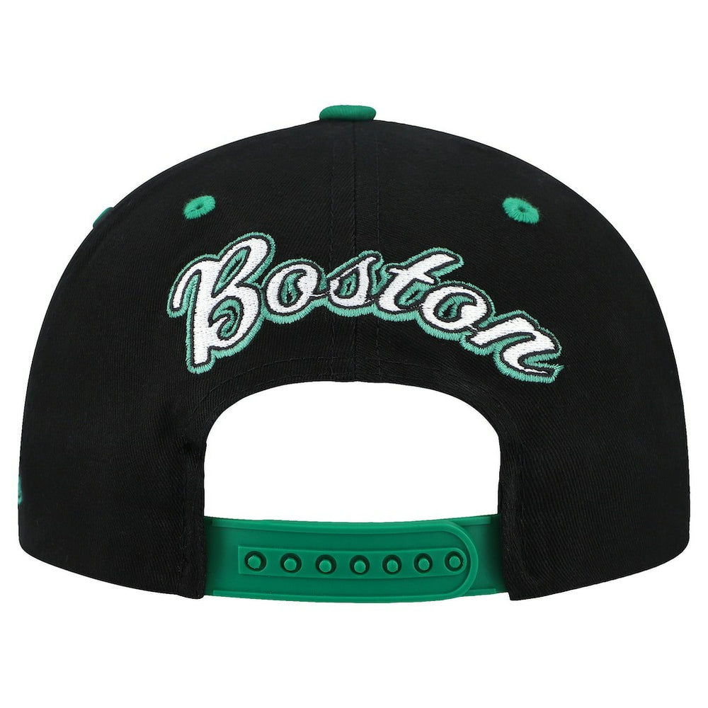 Boston Celtics Backside Script 2-Tone Pro Crown Adjustable Hat Black/Kelly Green | Mitchell & Ness US