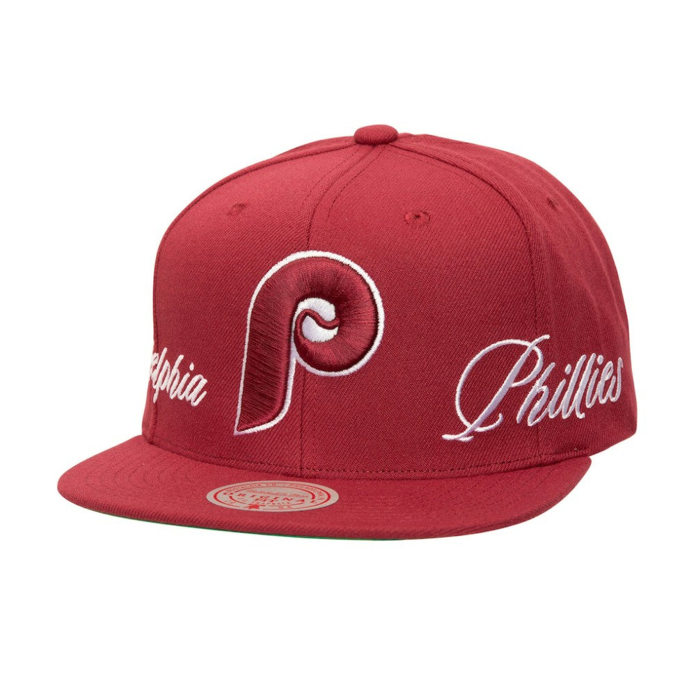 Philadelphia Phillies Mitchell & Ness Just Don x MLB Lux Script Snapback Hat - Maroon - Mitchell & Ness on Sale