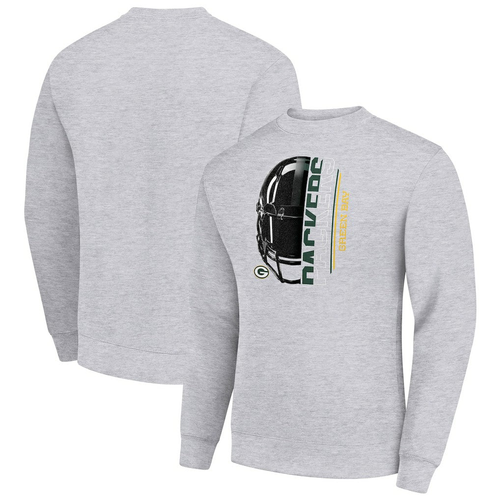 Green Bay Packers Starter Half Helmet Team Graphic Tri-Blend Fleece Pullover Sweatshirt Heather Gray