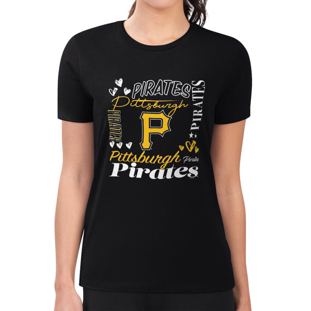 Pittsburgh Pirates G-III 4Her by Carl Banks Women's Super-Slim Fit Lightweight Collage Team Graphic Crew Neck T-Shirt - Black - MLB Sale