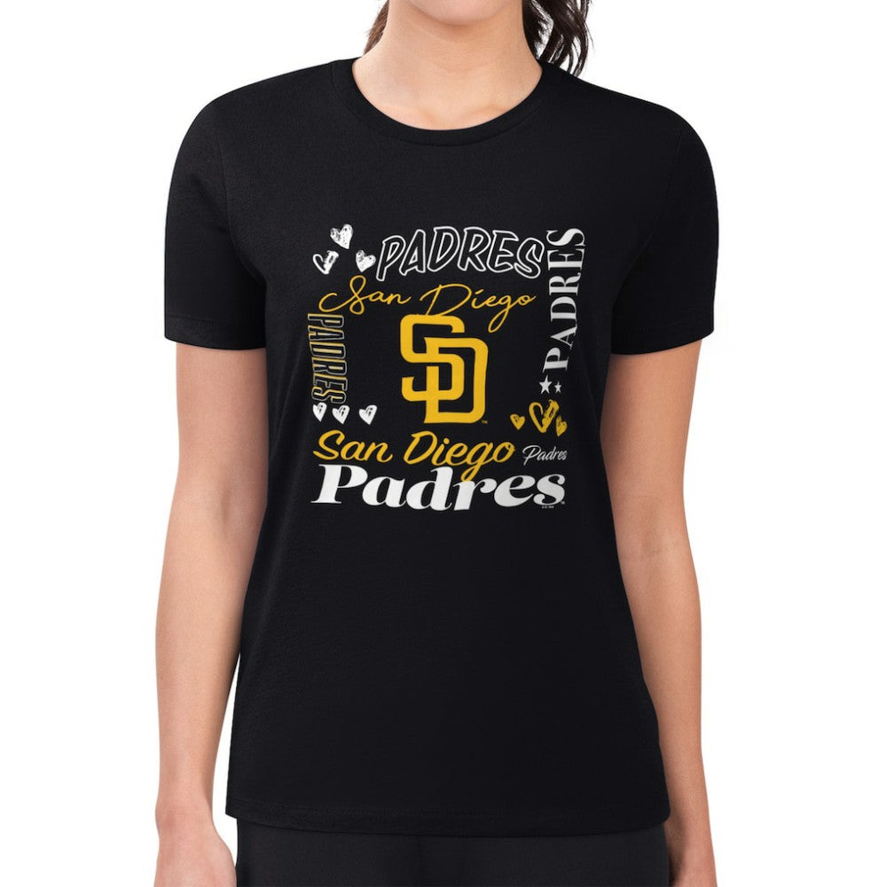 San Diego Padres G-III 4Her by Carl Banks Women's Super-Slim Fit Lightweight Collage Team Graphic Crew Neck T-Shirt - Black - MLB Lifestyle