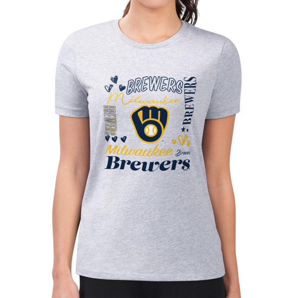 Milwaukee Brewers G-III 4Her by Carl Banks Women's Super-Slim Fit Lightweight Collage Team Graphic Crew Neck T-Shirt - Heather Gray - MLB Online