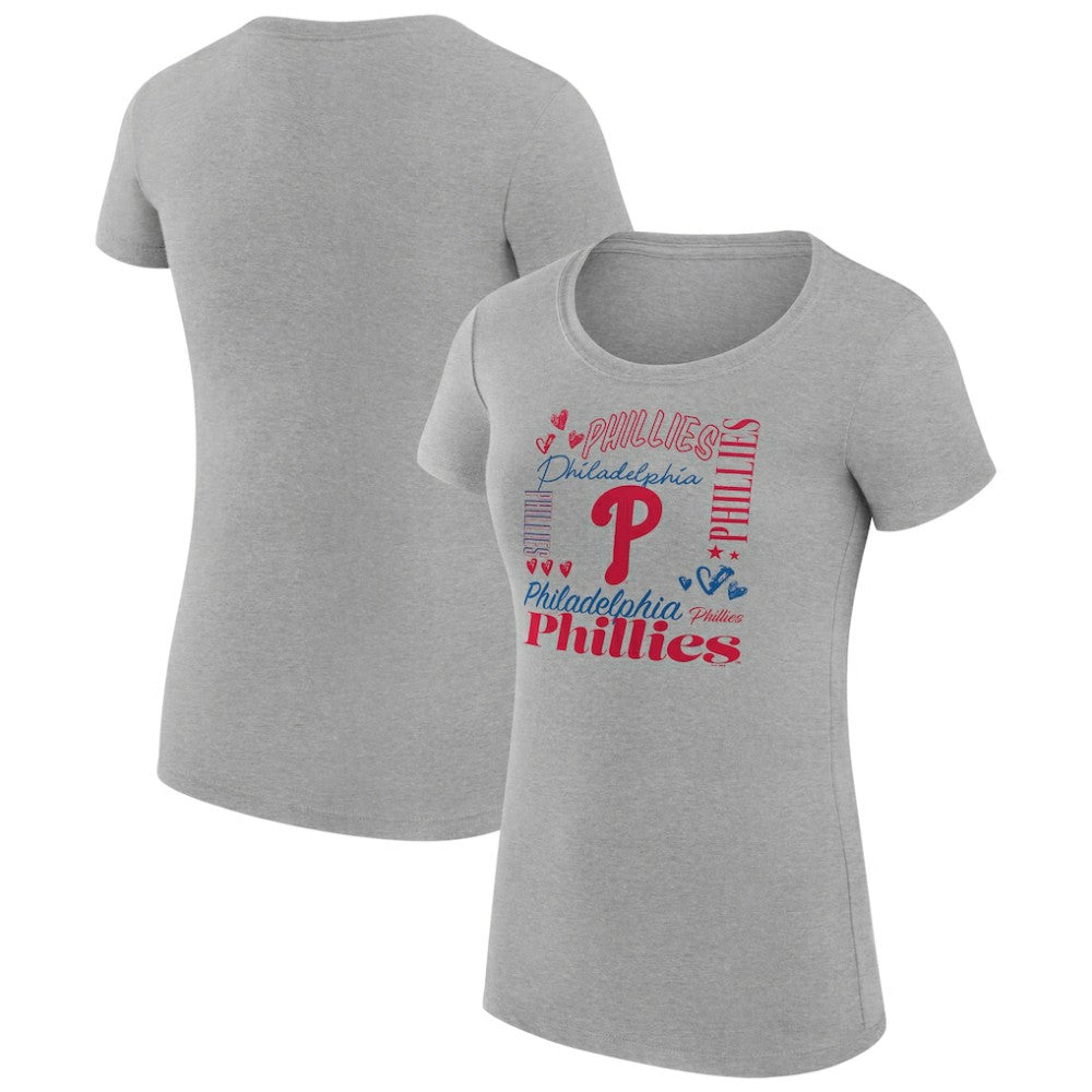 Philadelphia Phillies G-III 4Her by Carl Banks Women's Super-Slim Fit Lightweight Collage Team Graphic Crew Neck T-Shirt - Heather Gray - MLB Discount