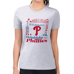 Philadelphia Phillies G-III 4Her by Carl Banks Women's Super-Slim Fit Lightweight Collage Team Graphic Crew Neck T-Shirt - Heather Gray - MLB Discount