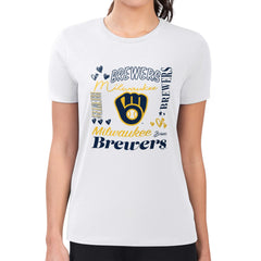Milwaukee Brewers G-III 4Her by Carl Banks Women's Super-Slim Fit Lightweight Collage Team Graphic Crew Neck T-Shirt - White - MLB on Sale