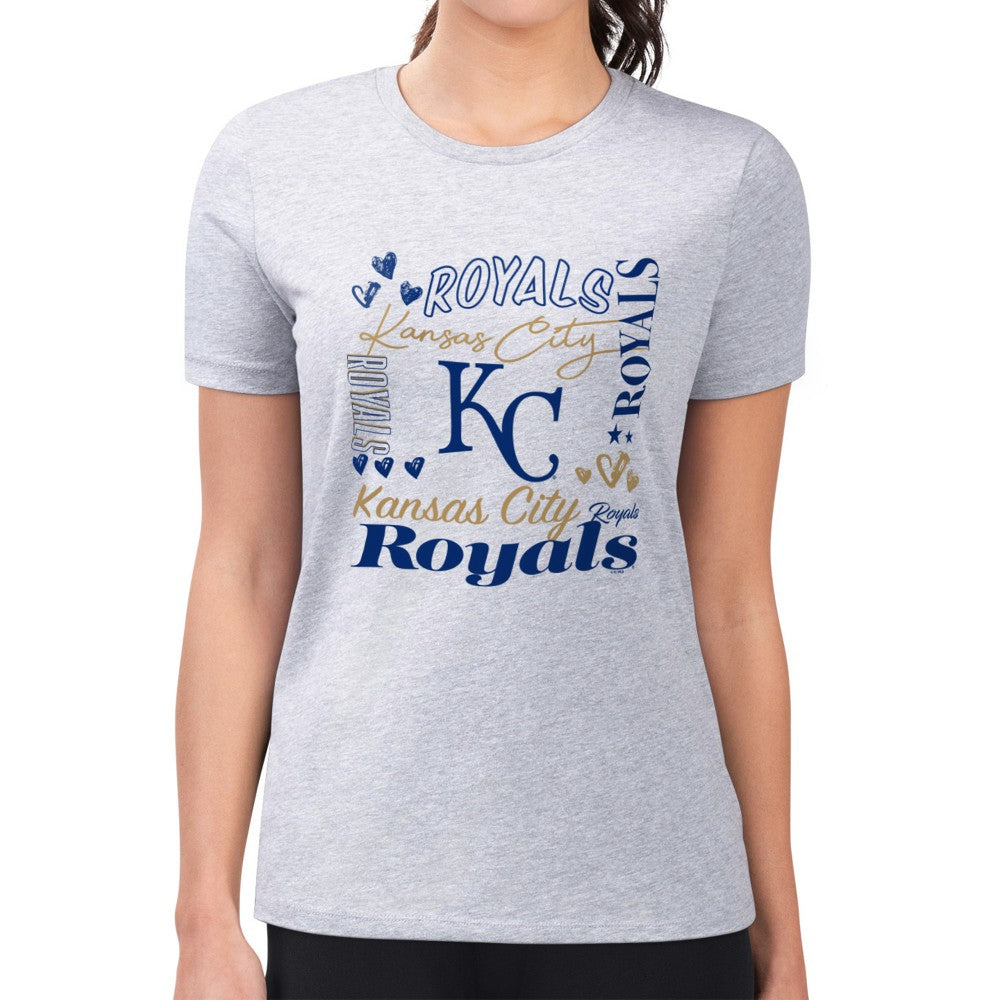 Kansas City Royals G-III 4Her by Carl Banks Women's Super-Slim Fit Lightweight Collage Team Graphic Crew Neck T-Shirt - Heather Gray - MLB Sale